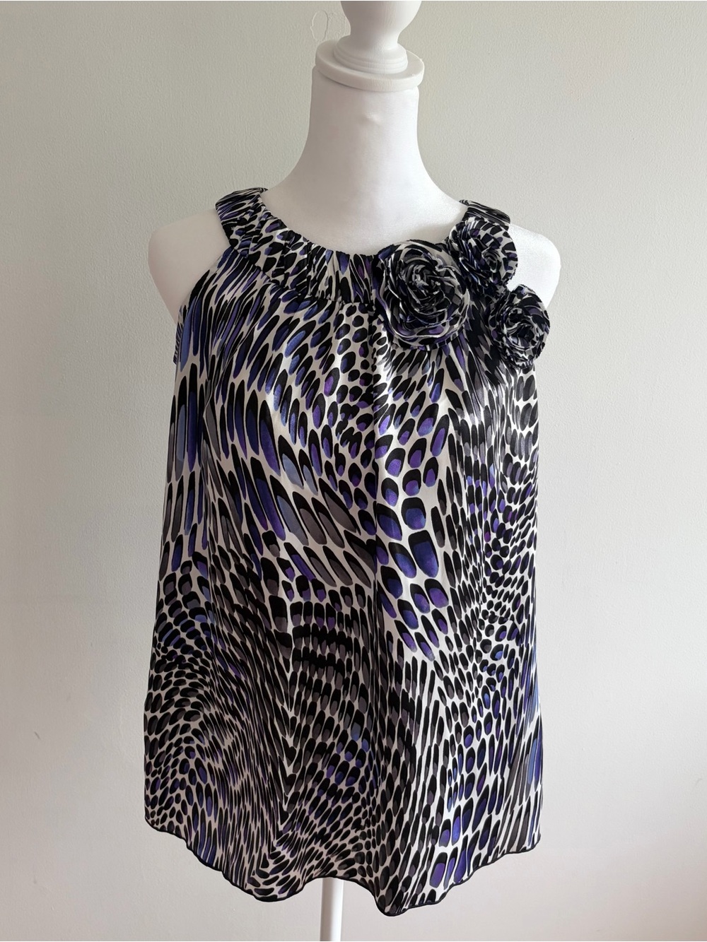 Iz Byer Snake print evening blouse with rose appliqués
